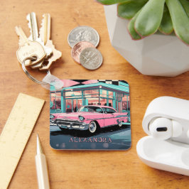 Pink Car 1950s Diner Retro Mid‑Century Custom Nyckelring