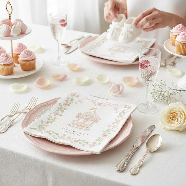 Pink Carousel Floral Baby Shower Paper Napkins Pappersservett (Skapare uppladdad)