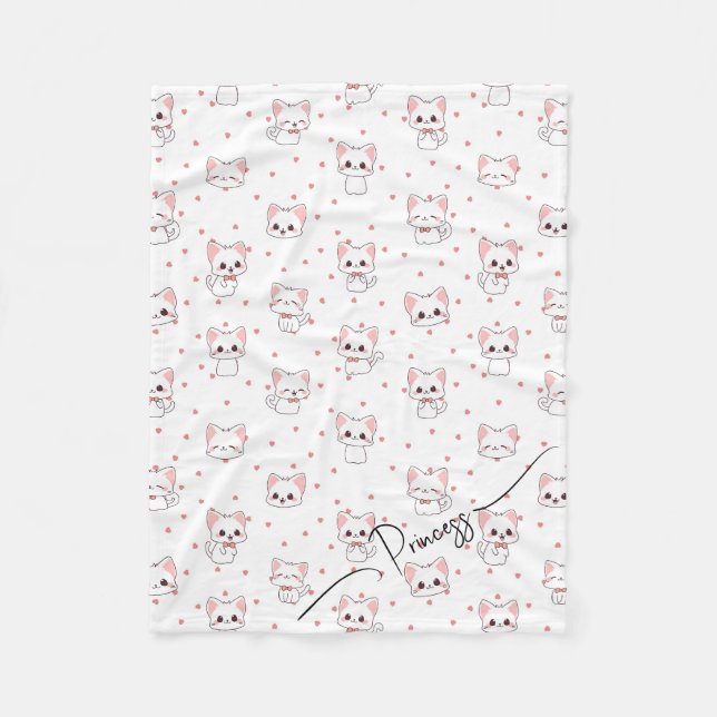 Pink Cartoon Cat Pattern with Stars and Pet Name  Fleecefilt (Framsidan)
