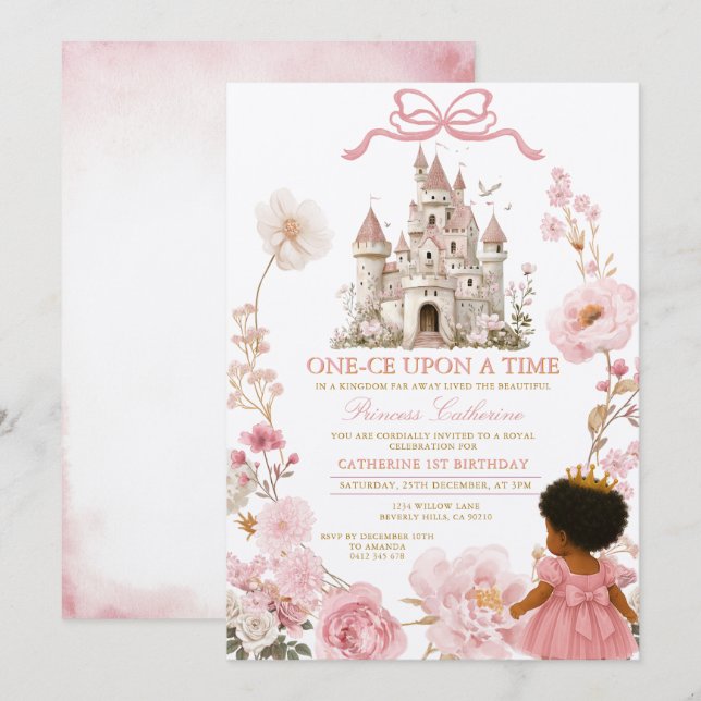 Pink Castle Princess One-ce Upon A Time Birthday I Inbjudningar (Fram/baksida)
