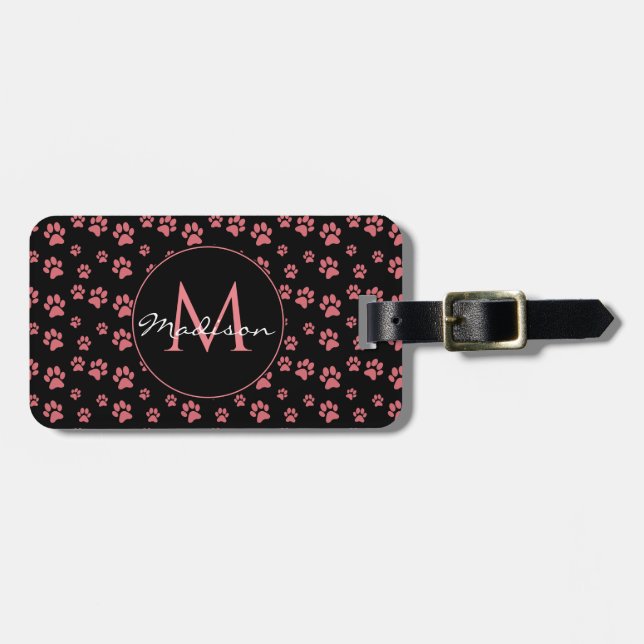 Pink Cat Paws Cute Pattern Monogram Bagagebricka (Horisontell Framsida)