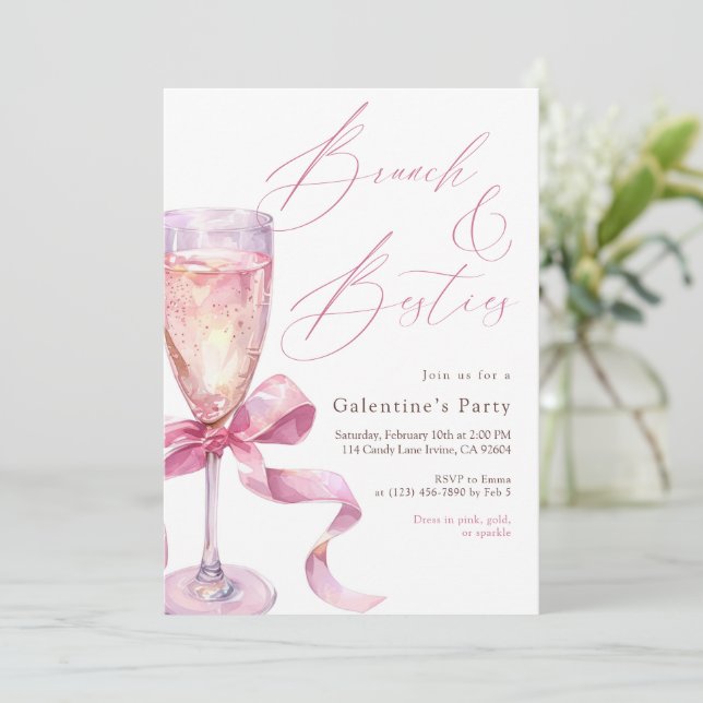 Pink Champagne Bow Brunch & Besties Galentine’s  Inbjudningar (Stående Fram)