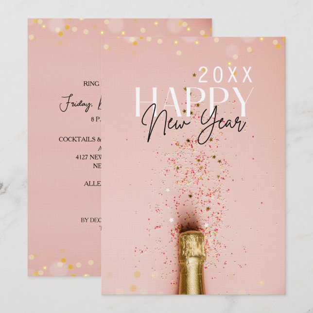 Pink Champagne Happy New Year Party Inbjudningar (Fram/baksida)