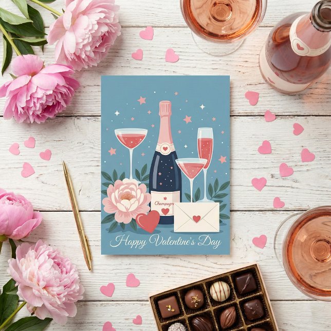 Pink Champagne Hearts Romantic Valentine's Day Julkort (Skapare uppladdad)