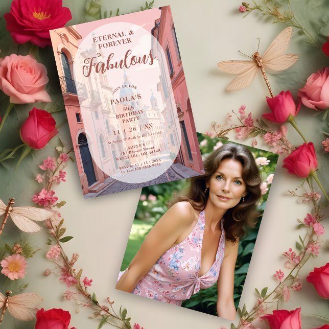 Pink Charming Ancient Cityscape Oval Translucent Inbjudningar (Pink Charming Ancient Cityscape 50th Birthday Invitation Card with Oval Translucent Overlay. )