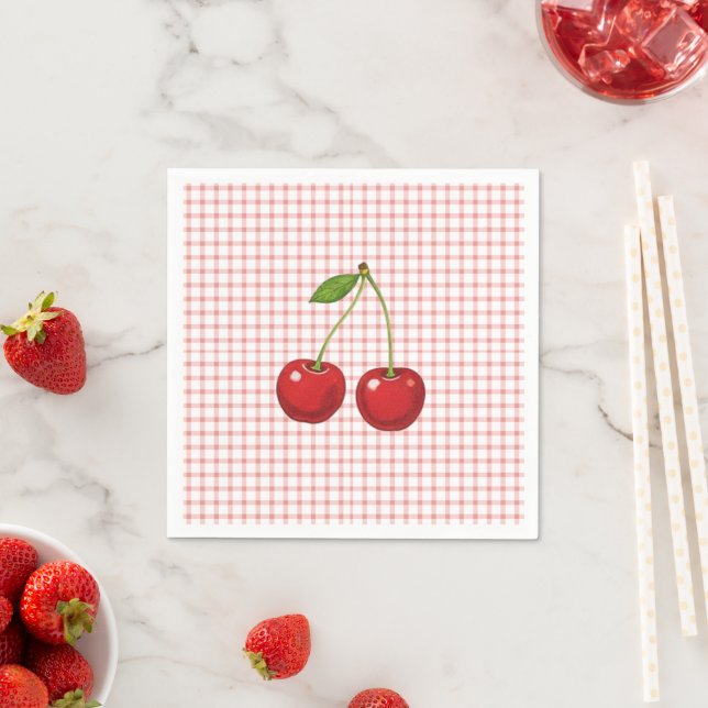 Pink Checked Paper Plates with Cherries  Pappersservett (Insitu)
