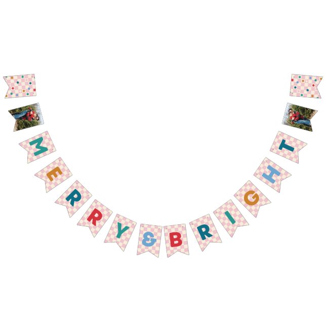 Pink Checkerboard Merry & Bright Bunting Banner Vimplar (Alla)