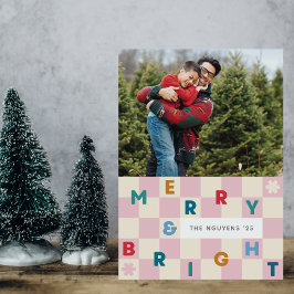 Pink Checkerboard Merry & Bright Christmas Card Inbjudningar