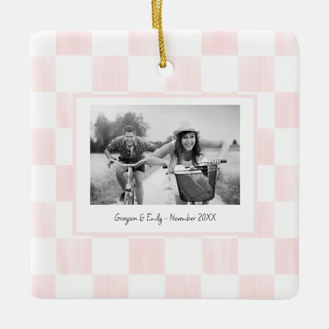 Pink Checkerboard Personalized Photo Julgransprydnad Keramik (Framsida)