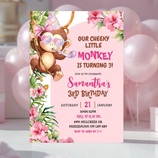 Pink Cheeky Little Monkey Savannah Theme Birthday Inbjudningar (Skapare uppladdad)