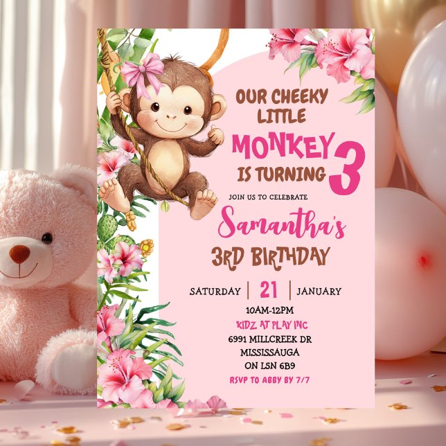 Pink Cheeky Little Monkey Savannah Theme Birthday Inbjudningar (Skapare uppladdad)