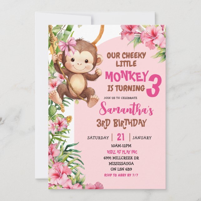 Pink Cheeky Little Monkey Savannah Theme Birthday Inbjudningar (Framsida)