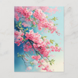 Pink Cherry Blossom Branches in Blue Sky Vykort