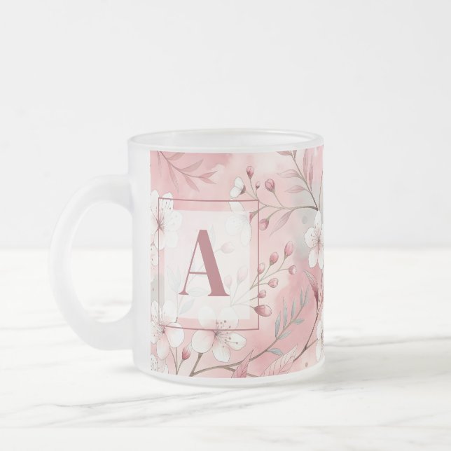 Pink cherry blossom monogram frostad glasmugg (Vänster)