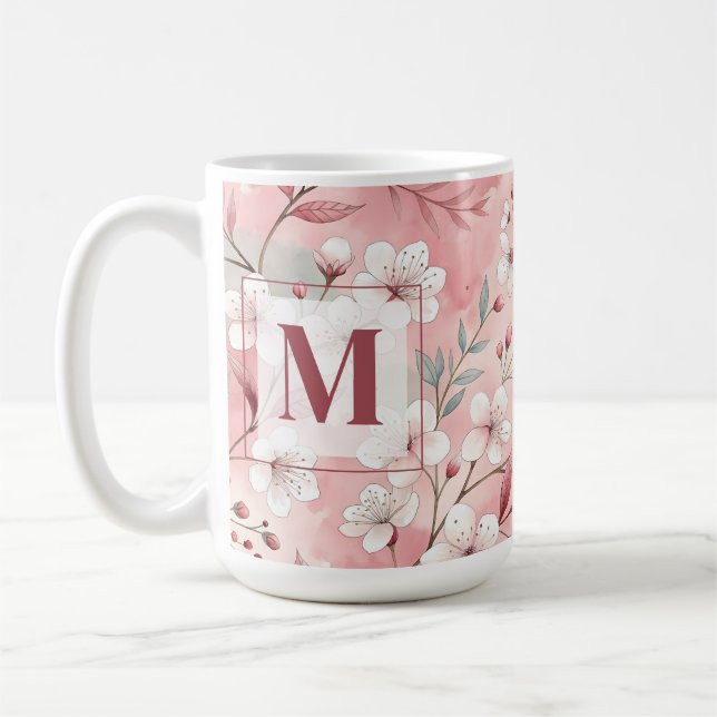 Pink cherry blossom monogram kaffemugg (Vänster)