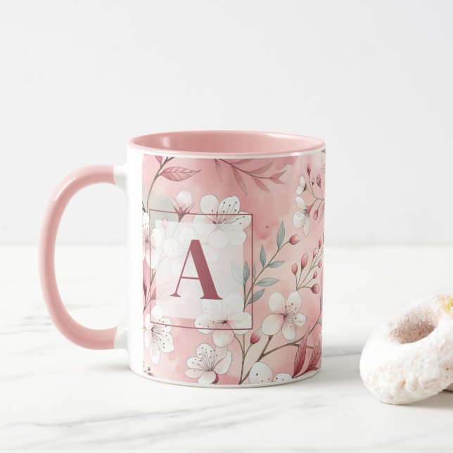 Pink cherry blossom monogram mugg (Med munk)