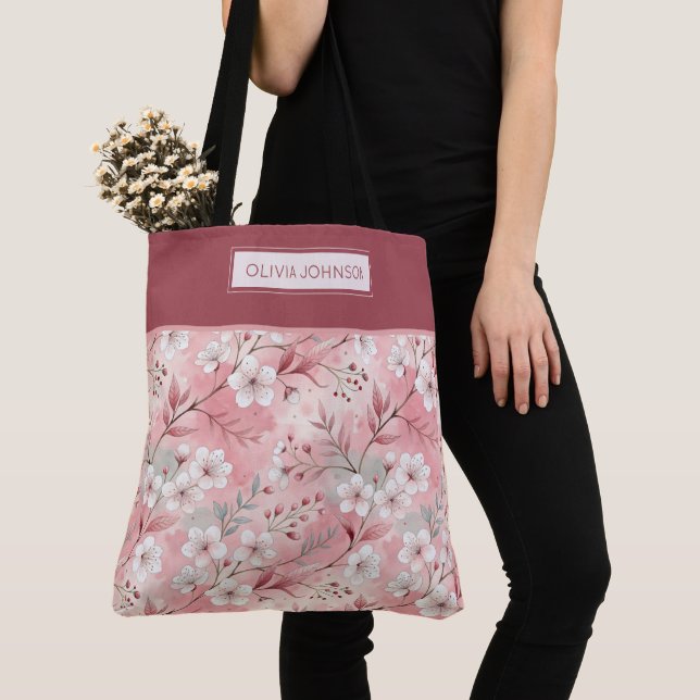 Pink cherry blossom monogram tygkasse (Närbild)