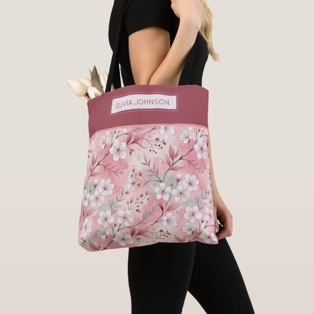 Pink cherry blossom monogram tygkasse (Närbild)