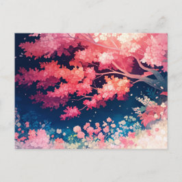 Pink Cherry Blossom Tree at Night Starry Sky Vykort