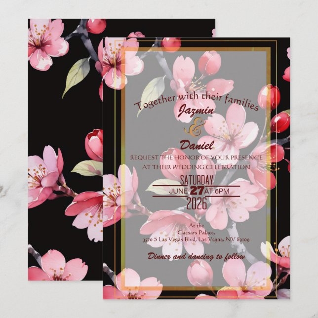 Pink Cherry Blossoms Black Backgroud  Invitation Inbjudningar (Fram/baksida)