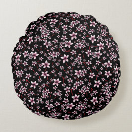 Pink Cherry Blossoms On Black Rund Kudde