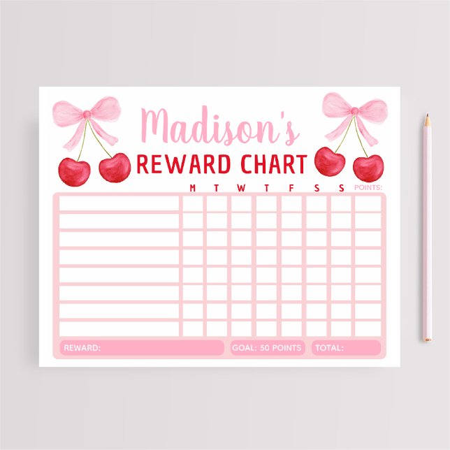Pink Cherry Bow Girl Reward Chart Chore Chart Anteckningsblock (Skapare uppladdad)