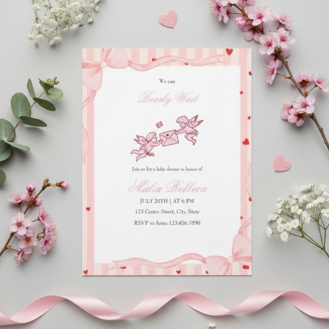  Pink Cherub Bearly Wait Baby Shower Invitation Inbjudningar (Skapare uppladdad)