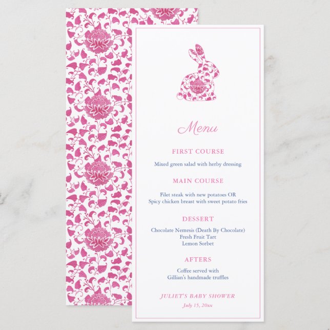 Pink Chinoiserie Bunny Bridal Shower Party Meny (Fram/baksida)