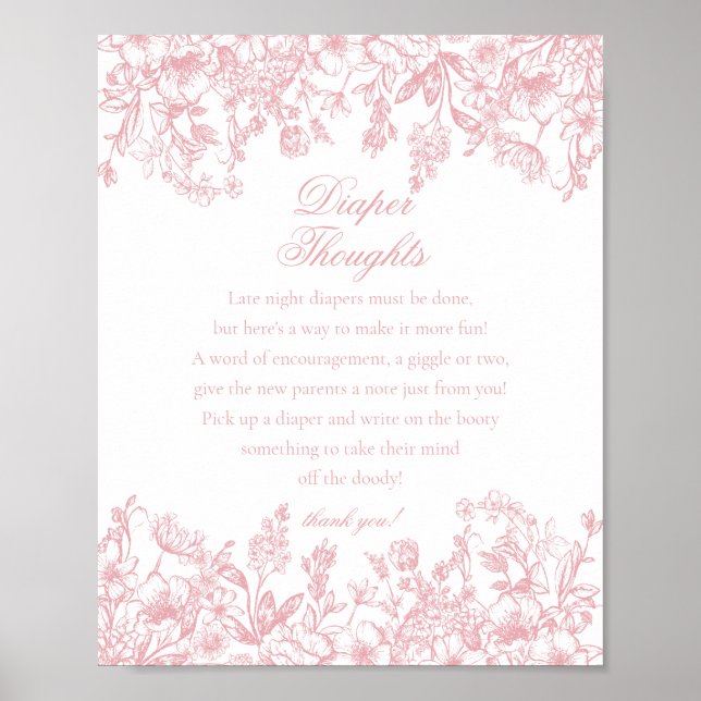 Pink Chinoiserie Flora Diaper Thoughts Baby Shower Poster (Framsidan)