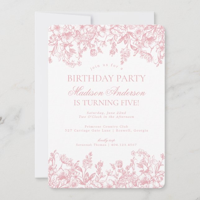 Pink Chinoiserie Vintage Floral Birthday Party Inbjudningar (Framsida)