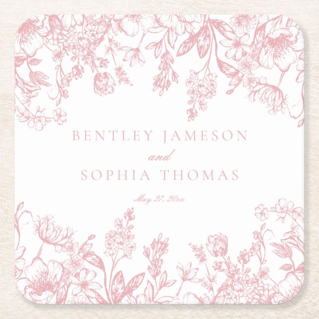 Pink Chinoiserie Vintage Floral Wedding Favors Underlägg Papper Kvadrat (Framsidan)