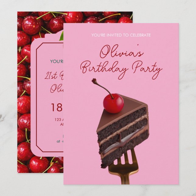 Pink Choco Cherry Tårta 21-års inbjudan (Fram/baksida)