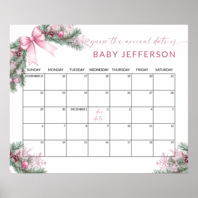 Pink Christmas Baby Shower Guess Due Date Calendar Poster (Framsidan)