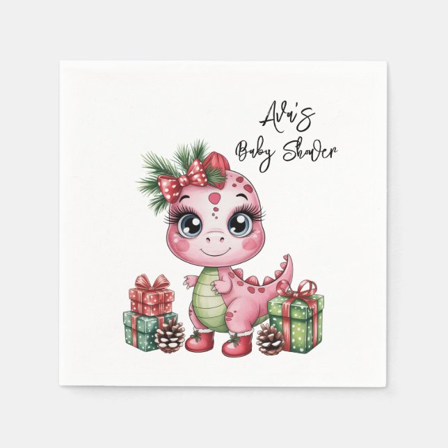 Pink Christmas Dino Girl Baby Shower Pappersservett (Framsidan)