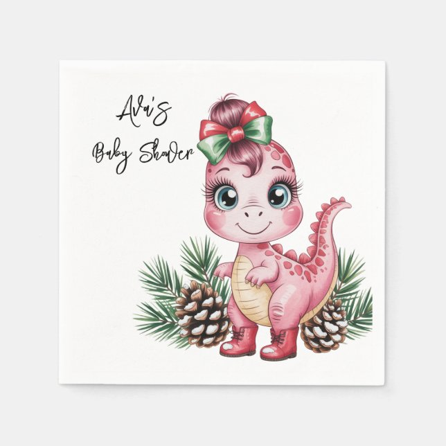 Pink Christmas Dino Girl Baby Shower Pappersservett (Framsidan)