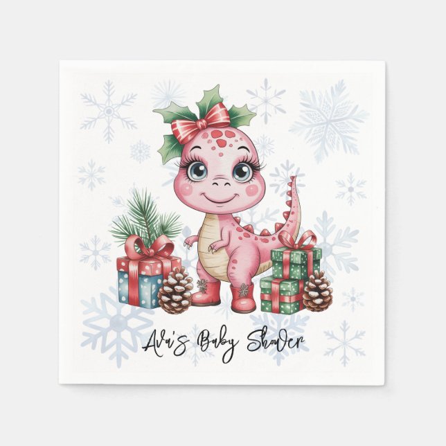 Pink Christmas Dino Girl Baby Shower Pappersservett (Framsidan)