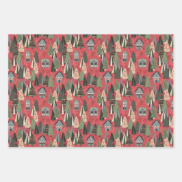 Pink Christmas Forest Village Birds Snowflakes