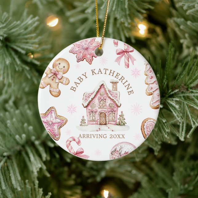 Pink Christmas Gingerbread Cookie Baby Arriving Julgransprydnad Keramik (Träd)