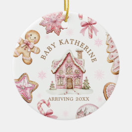 Pink Christmas Gingerbread Cookie Baby Arriving Julgransprydnad Keramik