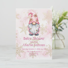 Pink Christmas Gnome Gold Snowflakes Baby Shower Inbjudningar