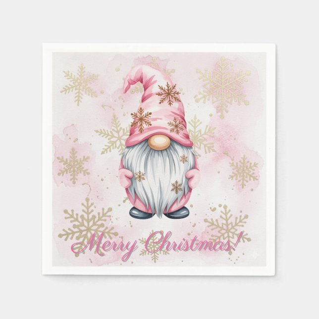 Pink Christmas Gnome Gold Snowflakes Pappersservett (Framsidan)