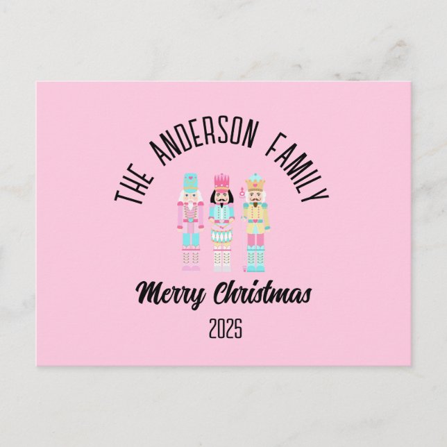 Pink Christmas Nutcracker Pastel Personalized Name Helg Vykort (Framsida)