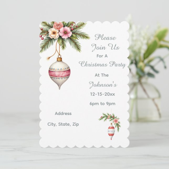 Pink Christmas Ornament Party Invitation (Stående Fram)