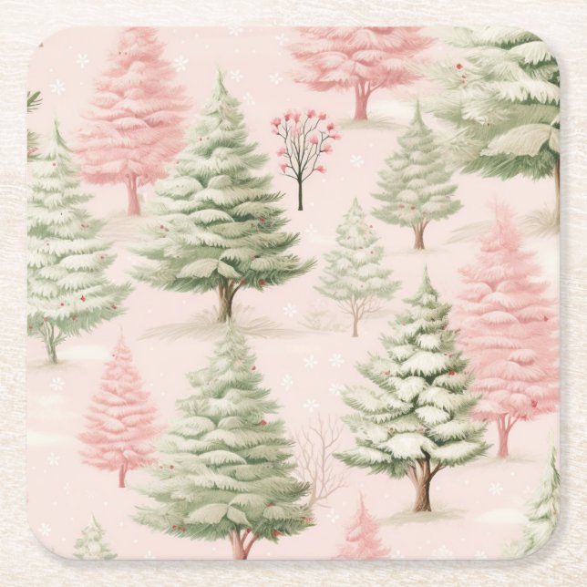 Pink Christmas Paper Coaster Underlägg Papper Kvadrat (Framsidan)
