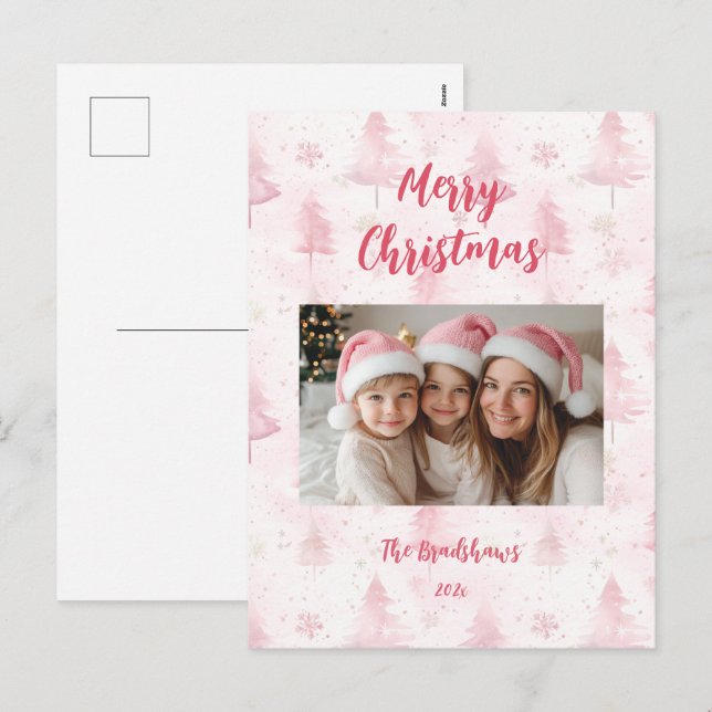Pink Christmas Pine Trees Photo Holiday Postcard Helg Vykort (Fram/baksida)