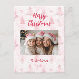 Pink Christmas Pine Trees Photo Holiday Postcard Helg Vykort