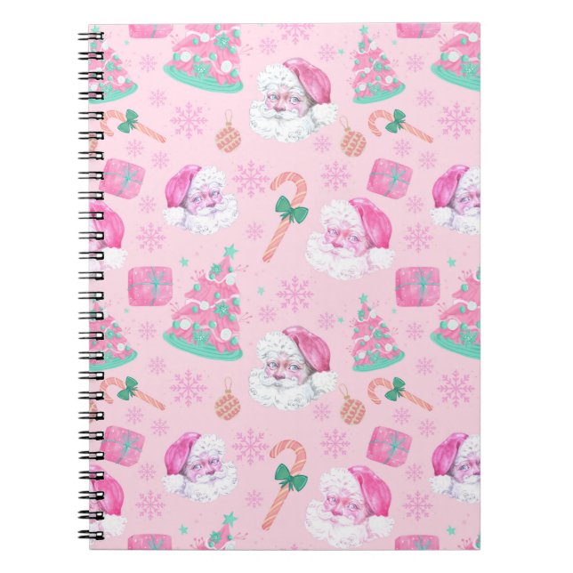 Pink Christmas Santa Clau & Tree Seamless Pattern Anteckningsbok (Framsidan)