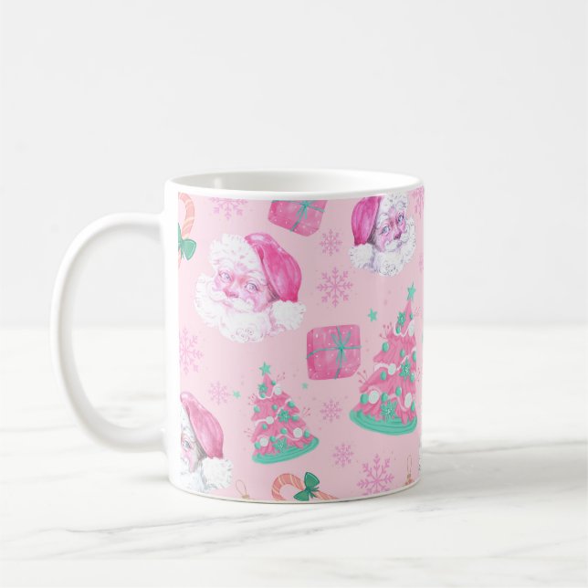 Pink Christmas Santa Clau & Tree Seamless Pattern Kaffemugg (Vänster)