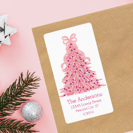 Pink Christmas Tree and Bow Return Address  Fraktsedel
