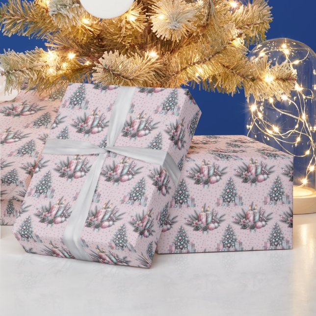 Pink Christmas Tree and Candle Wrapping Paper Presentpapper (Helgdagar)